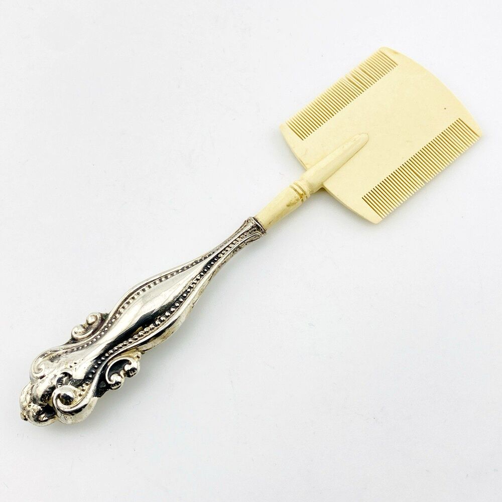 Antique Beard or Moustache Comb with Sterling Silver Repousse Handle